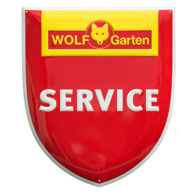 Wetterfestes Wolf Garten Service Aluminiumschild, Konturgestanztes Aluminiumschild zur Kennzeiochnung der Servicepartner im Aussenbereich 