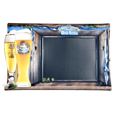 Brauerei Anschreibtafel Will Bräu, aufwändig geprägt und konturgestanzt, Beispiel für ein wirksames Werbemittel in der Gastronomie, ca. 600 mm x 400 mm 