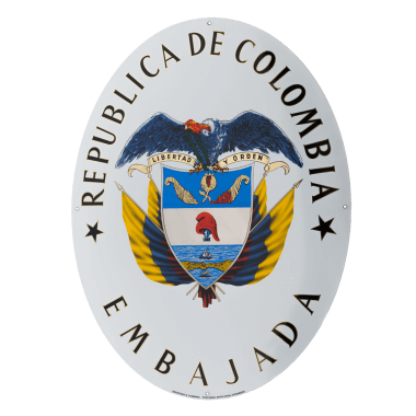 Botschaftsschild Kolumbien,, 600 x 678 mm, 8 keramische Farben plus Echtgold und Platin. Die Kennzeichnung des früheren  Herstellers war so gewünscht. 