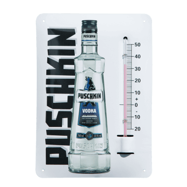 Give-Away Thermometer Puschkin aus Blech im Postkartenformat A6 